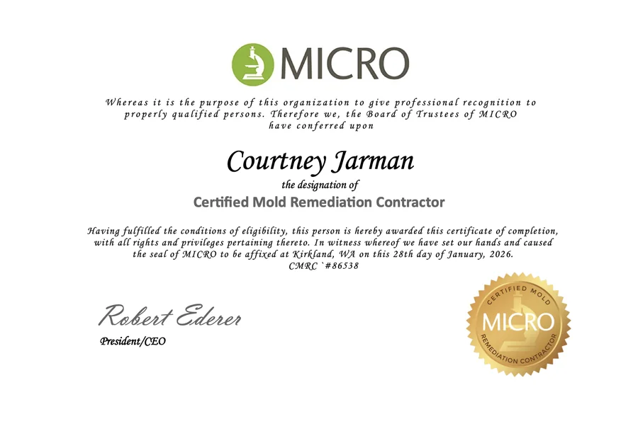 MICRO Certified Mold Remediation Contractor certificate, Courtney Jarman