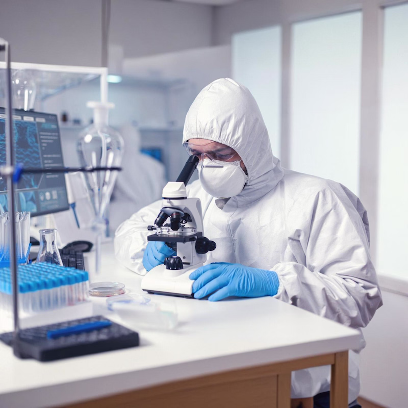 A lab technician at a microscope
