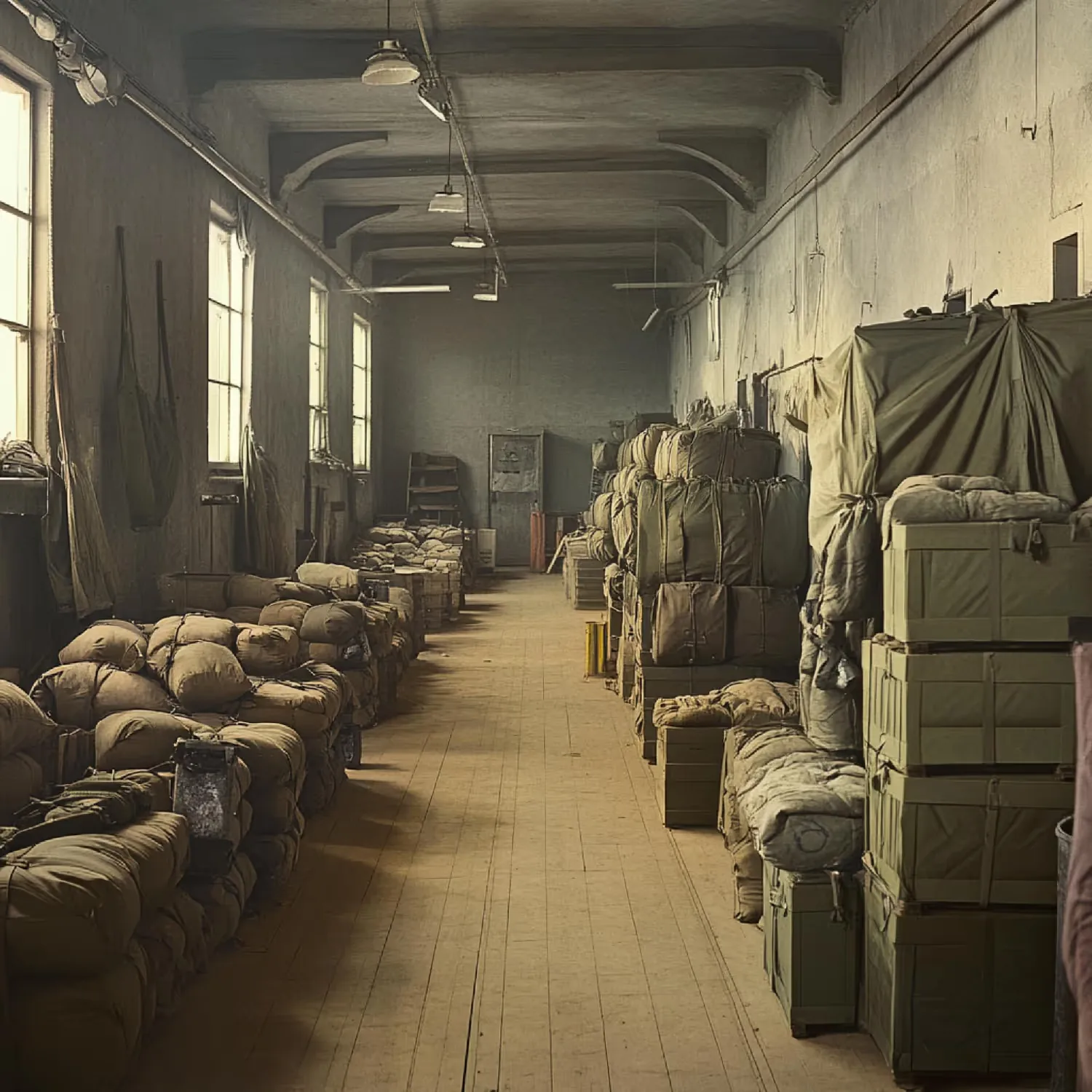 A long warehouse lined with stacked sacks and crates