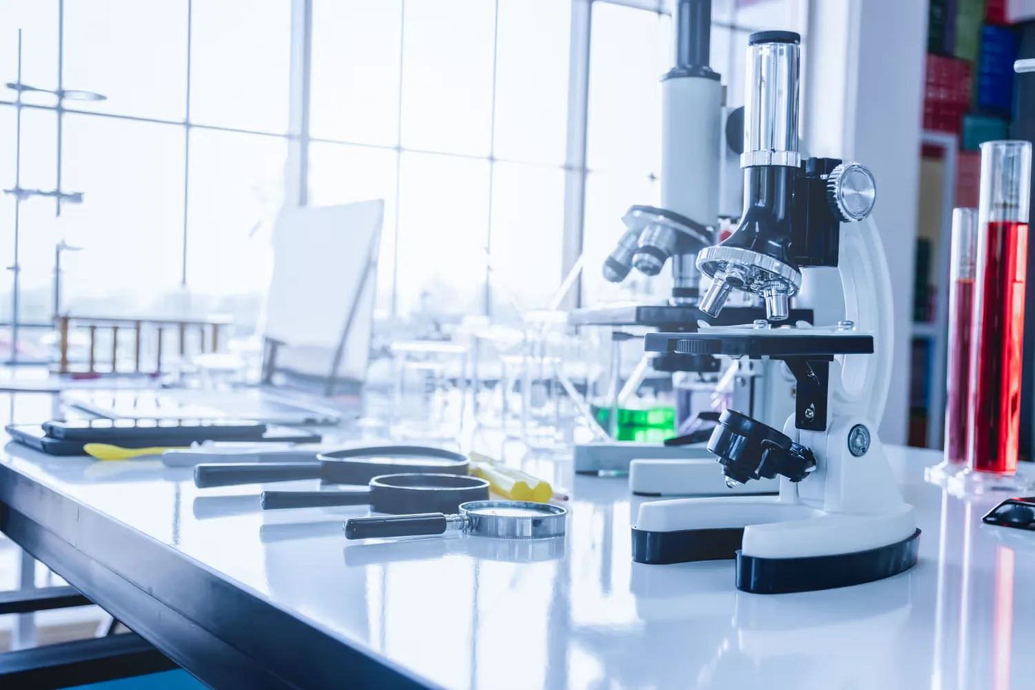 Microscopes and glassware on a laboratory bench
