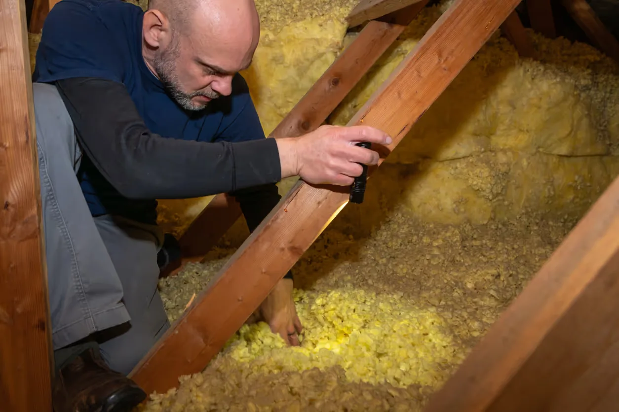 An inspector checking attic rafters and insulation