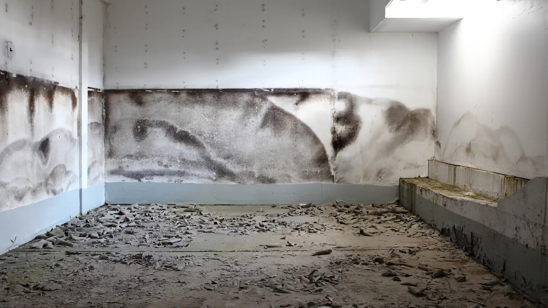 Mold along the lower walls of an empty basement