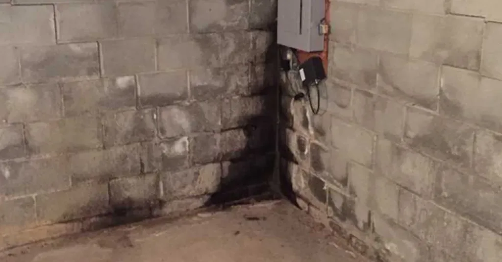 Dark mold staining in the corner of a concrete block basement