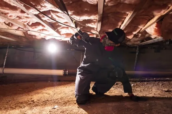 A technician with a work light inspecting a crawl space