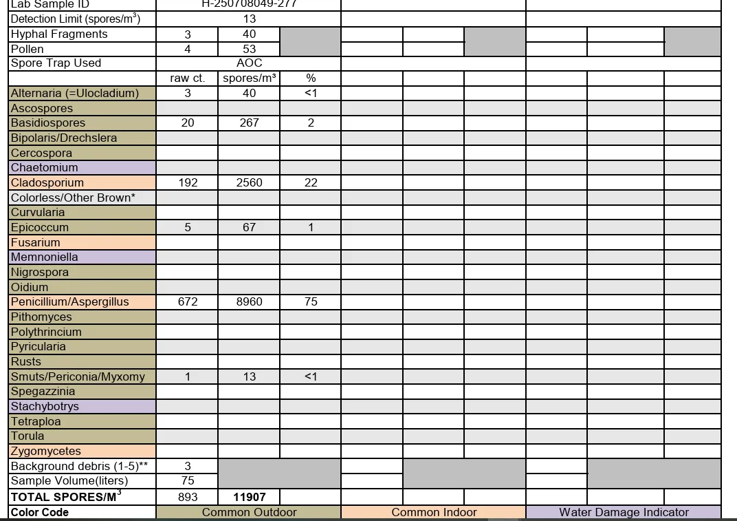 Lab report table of spore trap results, total 11,907 spores per cubic meter