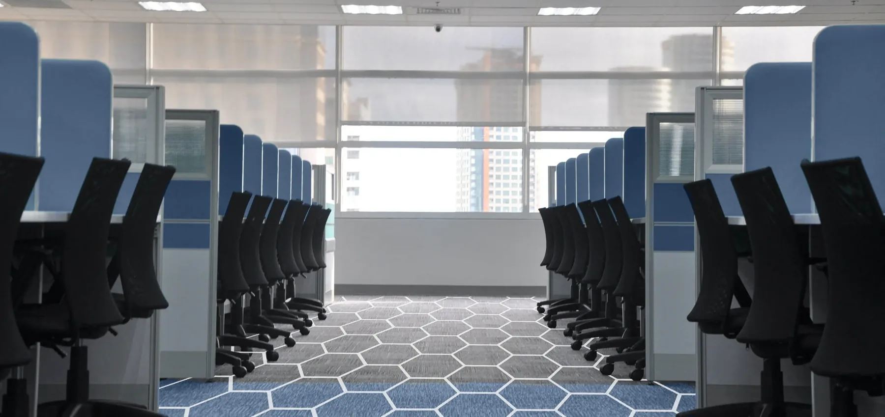 An open-plan office with rows of desks